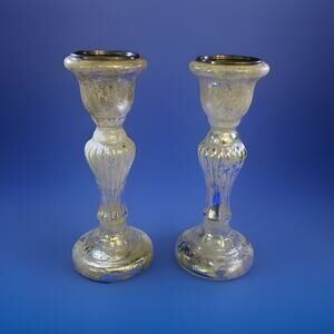 Pair Pottery Barn Antique Mercury Large Pillar Candle Holders 13" Tall